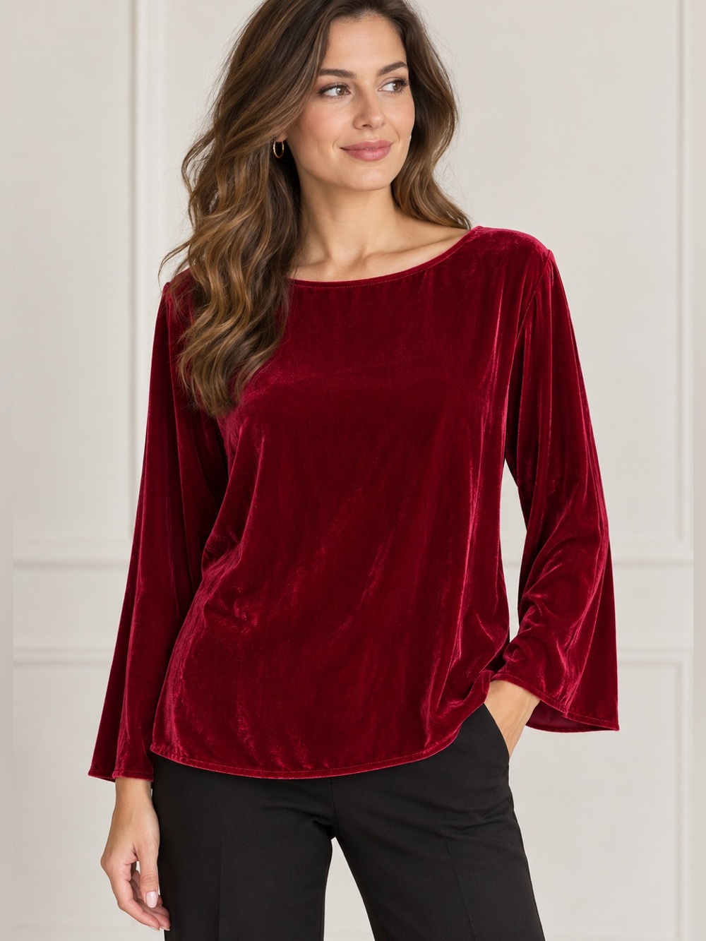 Eileen Fisher Ruby Red Velvet Silk Blend Long Sleeve Blouse Top Size L